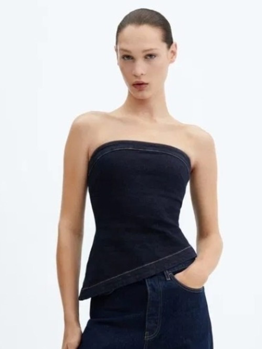 MNG Danielle Asymmetric Hem Denim Bandeau Top Women Sz Medium Strapless Corset